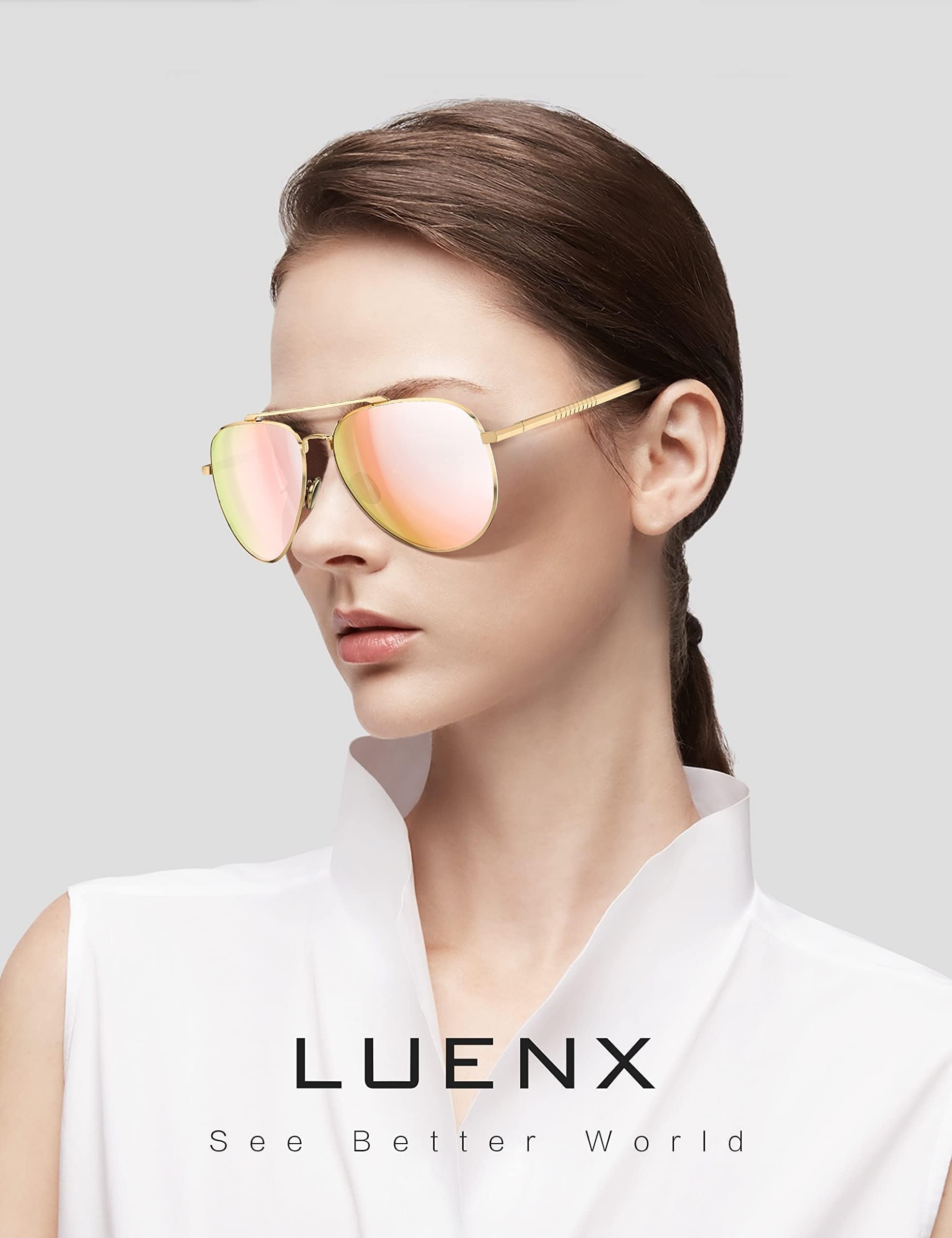 LUENX Aviator Sunglasses Polarized for Women Mirror Pink Lens Metal Gold Frame with case