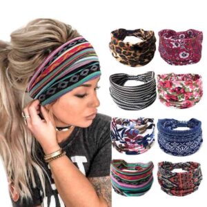 bohend boho headband wide yoga stretchy bandeau large headwrap sport athletic beach hair accessories for women and girls(8pcs)