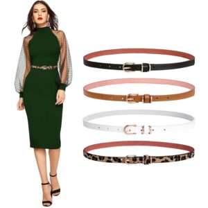 sansths 4 pack women thin belts for jeans dresses coats skinny women belt with gold alloy buckle, black+brown+white+leopard m