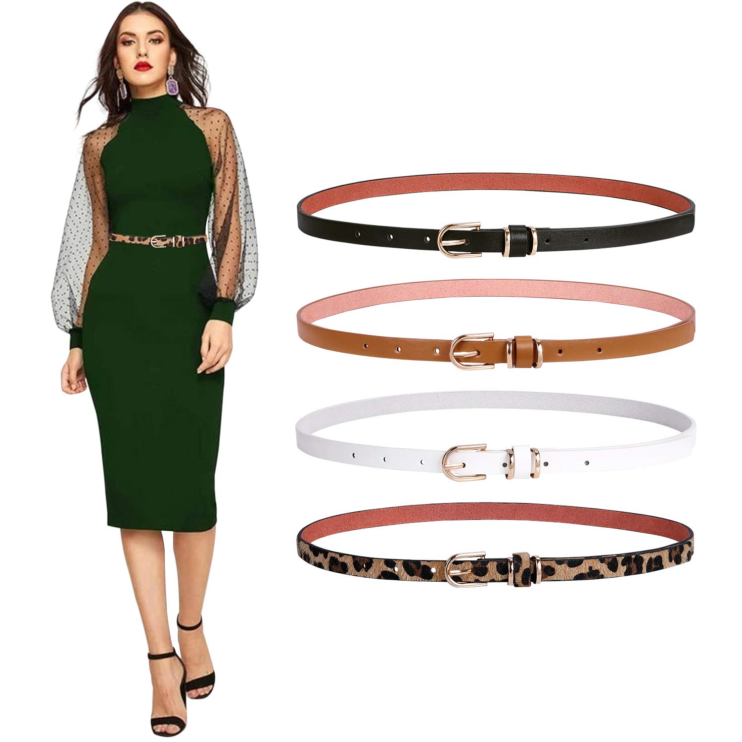 SANSTHS 4 Pack Women Thin Belts for Jeans Dresses Coats Skinny Women Belt with Gold Alloy Buckle, Black+Brown+White+Leopard M