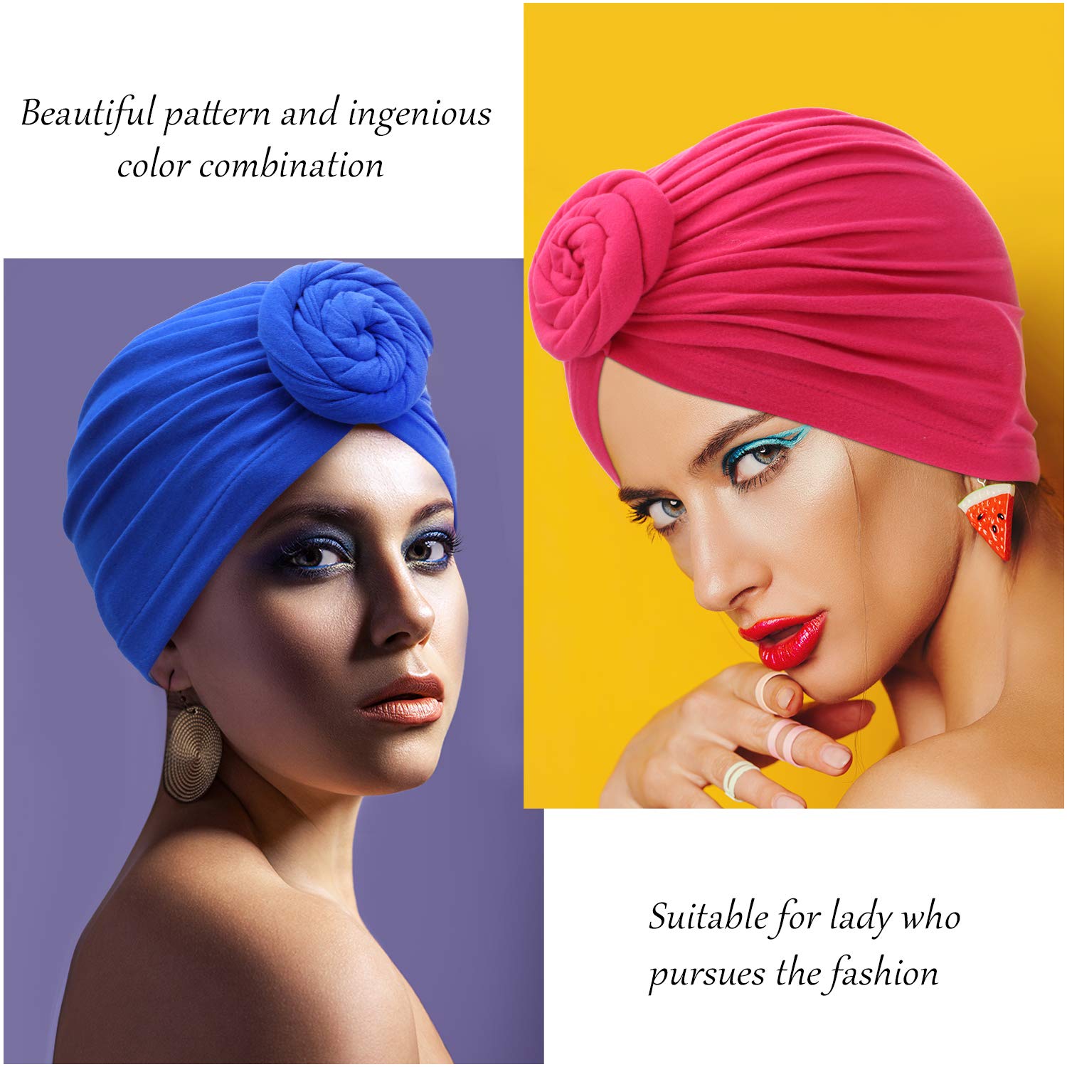 6 Pieces Women African Turban Flower Knot Pre-Tied Bonnet Beanie Cap Headwrap (Black, Royal-blue, Rosy, Camel, Navy, Yellow)