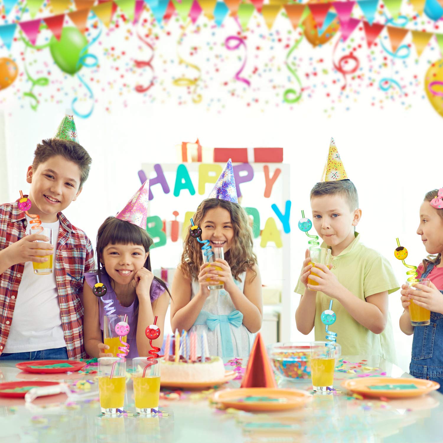 Donut Straws Party Favors for Donut Party Supplies,Donut Grow Up Theme Birthday with 2 Cleaning Brush (24 +2)