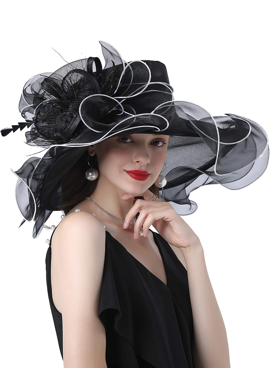 ORIDOOR Women Hats Headband Hairpin Organza Fascinator Church Hat Floral Tea Party Wedding Hat (013E Black) One Size …