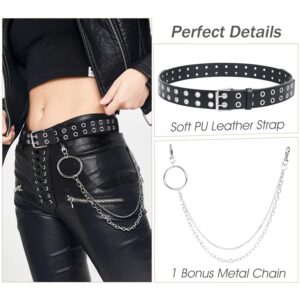 SUOSDEY Double Grommet Leather Belt with Detachable Chain for Women Men,Punk Black Belt with Double Studded Holes for Jeans