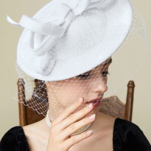 BABEYOND Tea Party Fascinator Kentucky Hat Fascinator Cocktail Pillbox Hat Derby Headband White