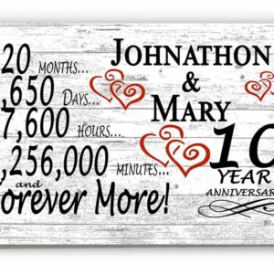 Personalized 10 Year Anniversary Sign Gift 10th Wedding Anniversary Present For Couple Days Mionutes Years - Solid Wood - 16.5in x 10.5in x .75in