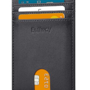 Buffway Mens Slim Wallet, Minimalist Thin Front Pocket Leather Credit Card Holder with RFID Blocking for Work Travel - Boston Black