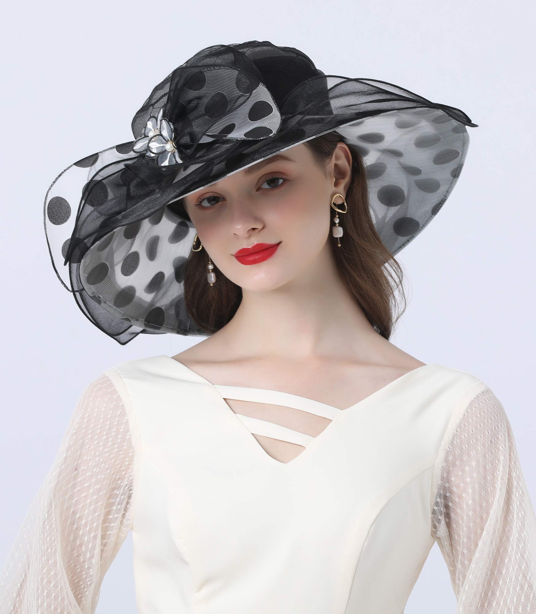 ORIDOOR Women’s Organza Church Tea Party Wedding Fascinator Hat UV-Anti Wide Brim Sun Hats Hat A4-Black …