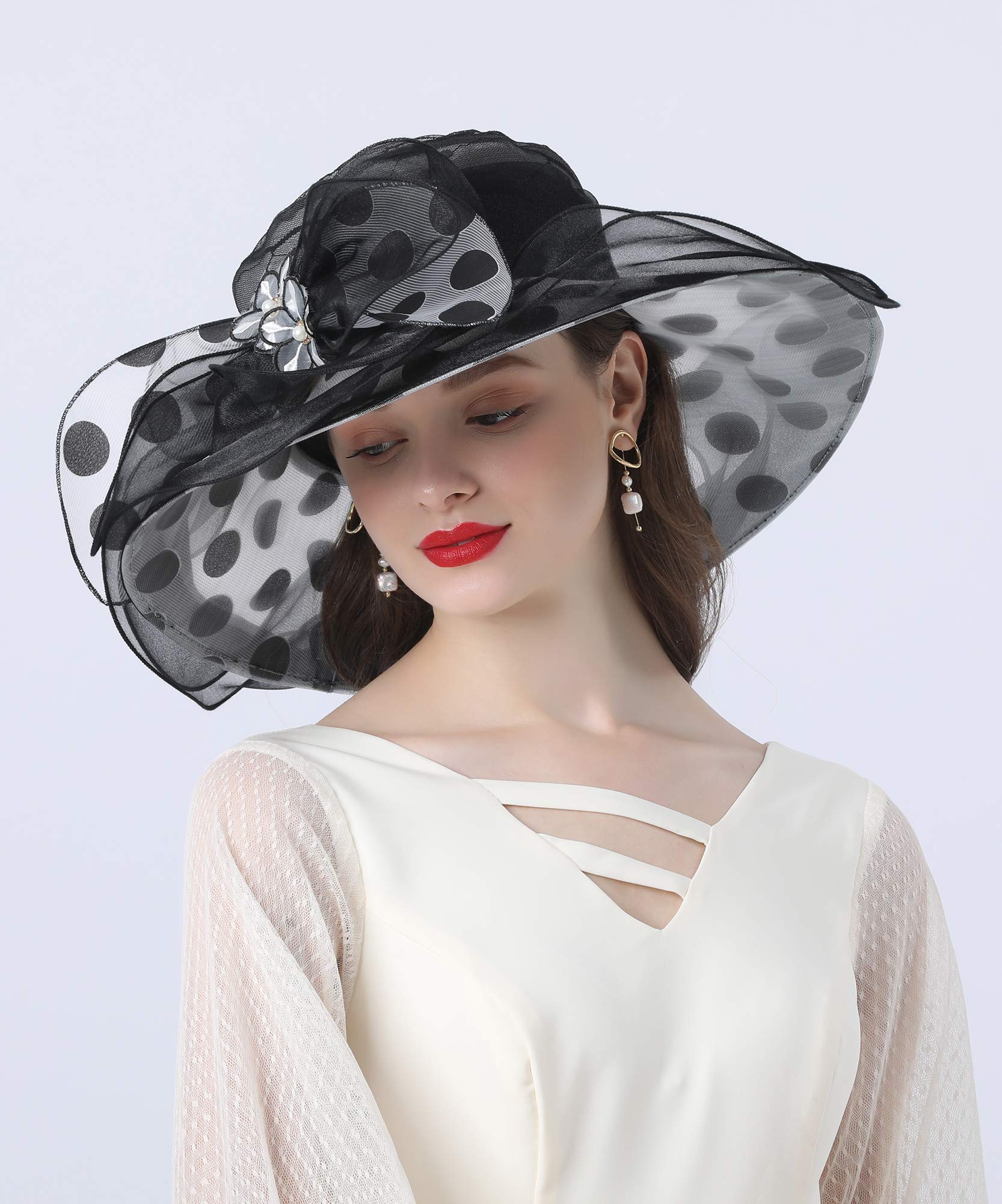 ORIDOOR Women’s Organza Church Tea Party Wedding Fascinator Hat UV-Anti Wide Brim Sun Hats Hat A4-Black …