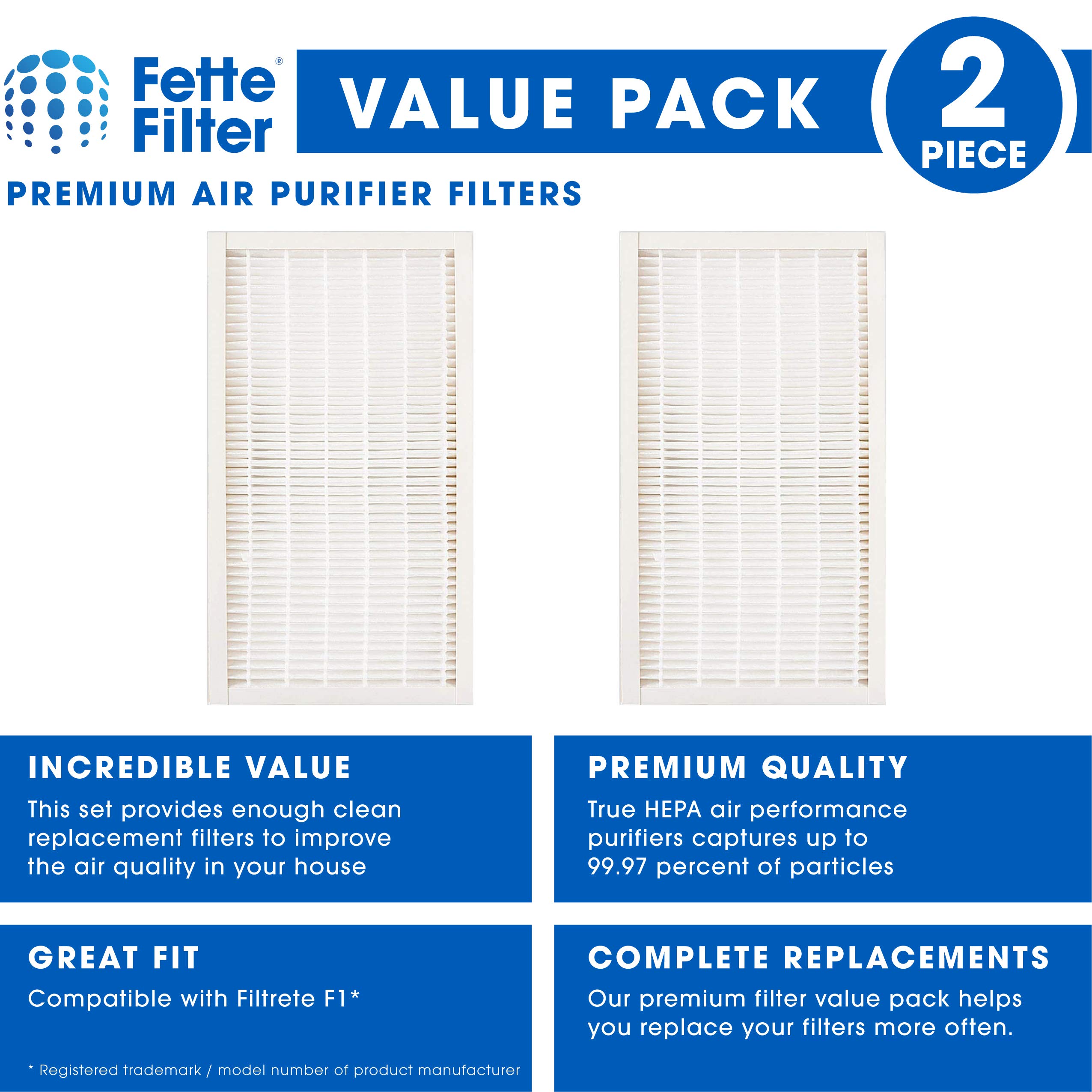 Fette Filter - 2 True HEPA Filters Compatible with 3M Filtrete F1 Replacement Filter for Purifier FAP-C01-F1,FAP-T02-F1, FAP-C01BA-G1, FAP-T02WA-G1, FAP-ST02W FAP-ST02N Compare to Part # FAPF-F1-A F1