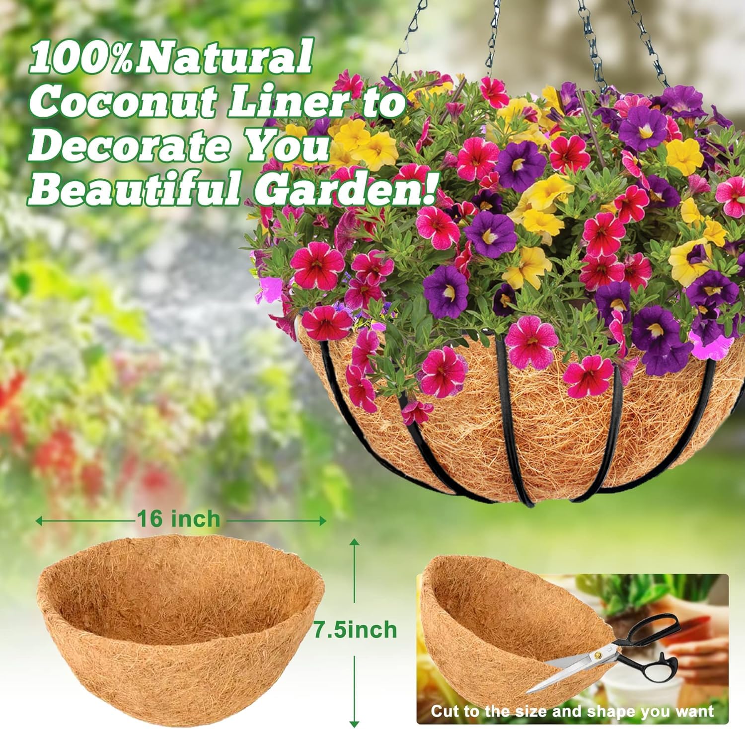 Y&M 2pcs 16“ Round Coconut Fiber Liner, 16'' Coco Liner Pre-Formed Replacement for Wall Hanging Planter Basket