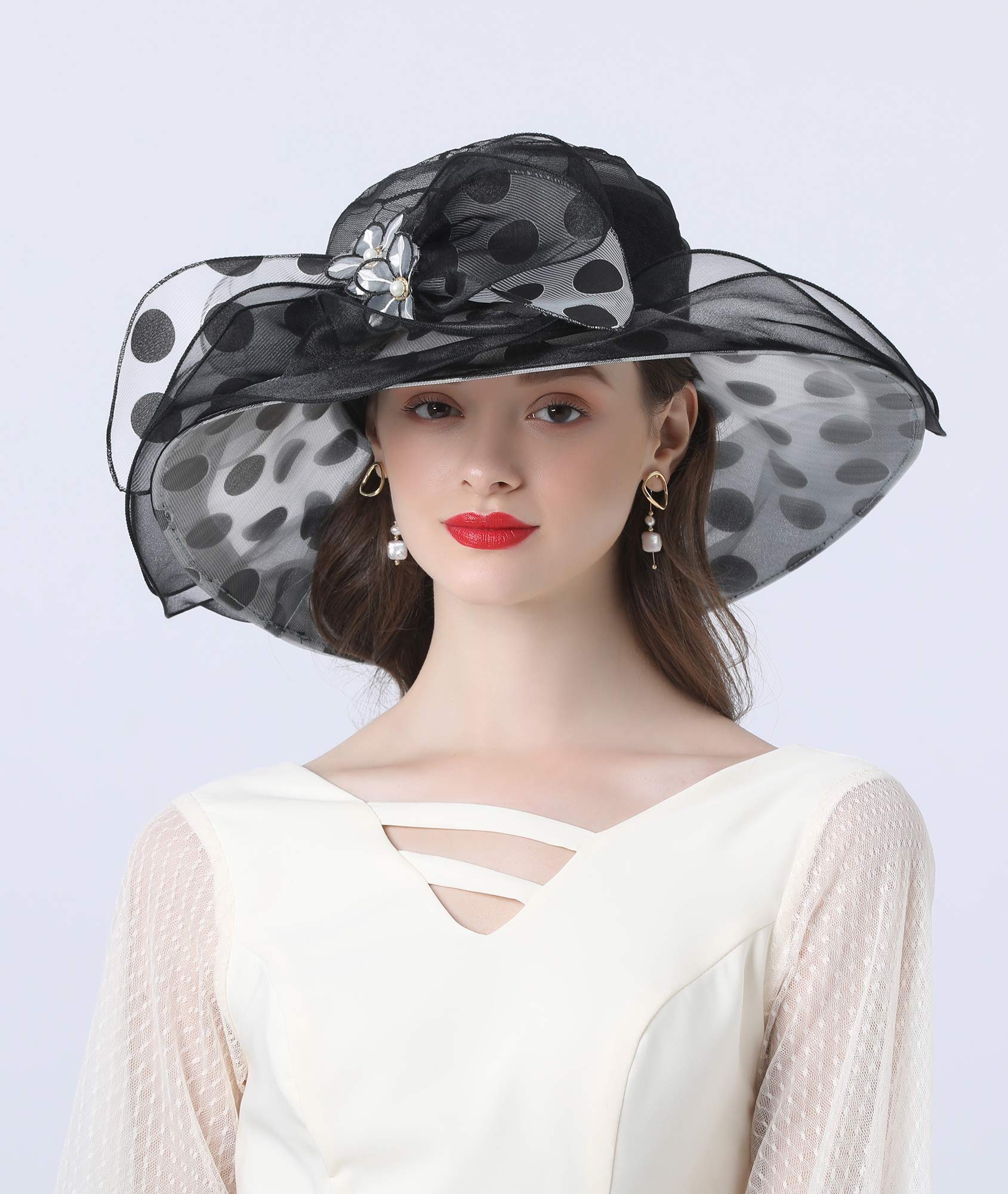 ORIDOOR Women’s Organza Church Tea Party Wedding Fascinator Hat UV-Anti Wide Brim Sun Hats Hat A4-Black …