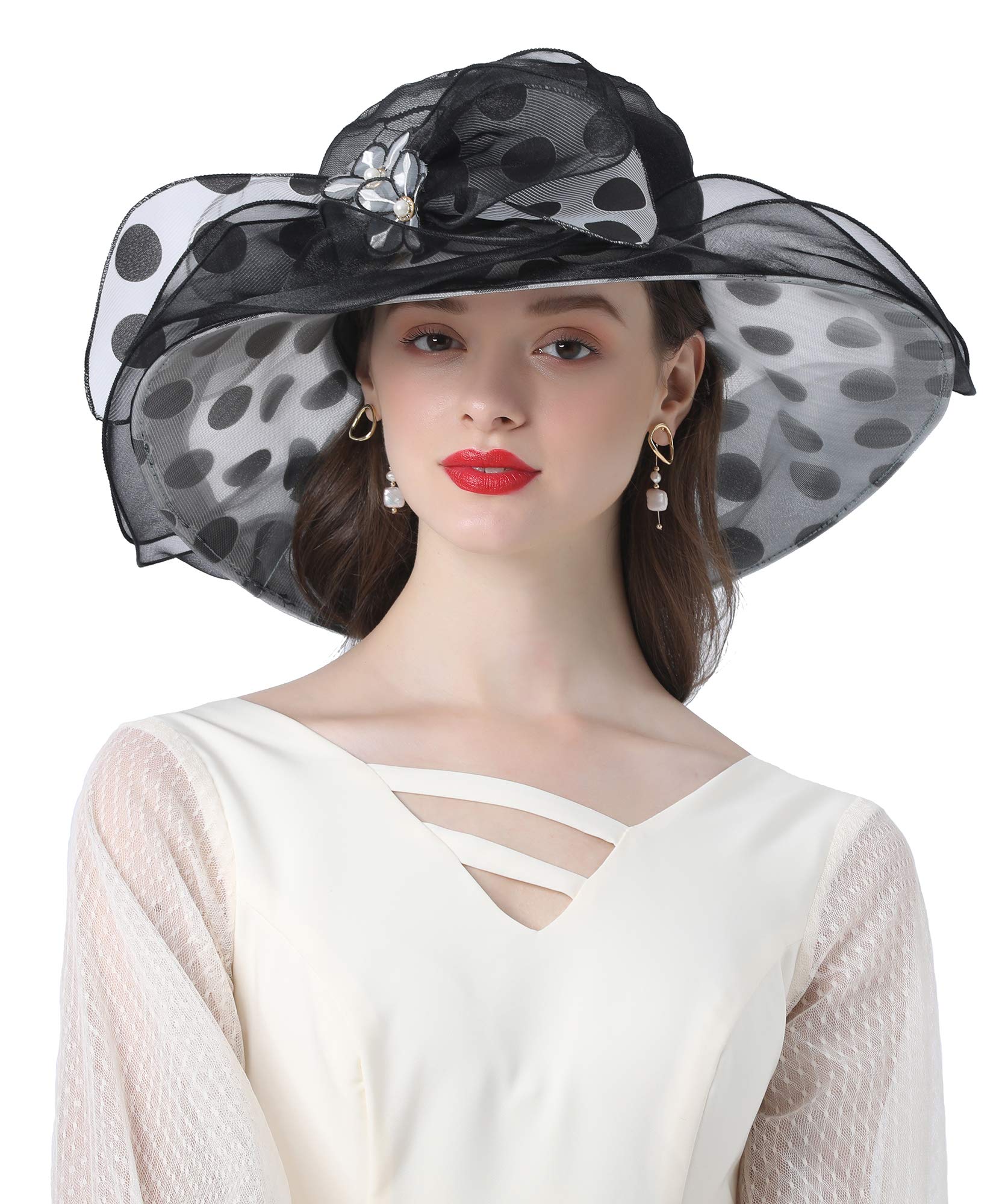 ORIDOOR Women’s Organza Church Tea Party Wedding Fascinator Hat UV-Anti Wide Brim Sun Hats Hat A4-Black …