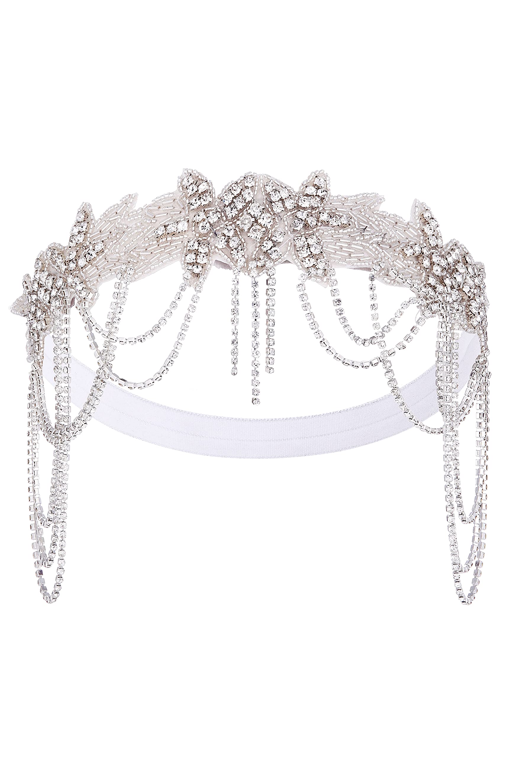 BABEYOND 1920s Flapper Headpiece Roaring 20s Headband Great Gatsby Headband Chain for Women Vintage Hair Accessory (White)