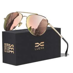 luenx aviator sunglasses polarized for women mirror pink lens metal gold frame with case