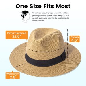 Simplicity Beach Hats for Women Fedora Hats Women Sun Hat Men Straw Hat with Chin Strap Cute Panama Sun Hat,Light Brown/Black Thread Belt