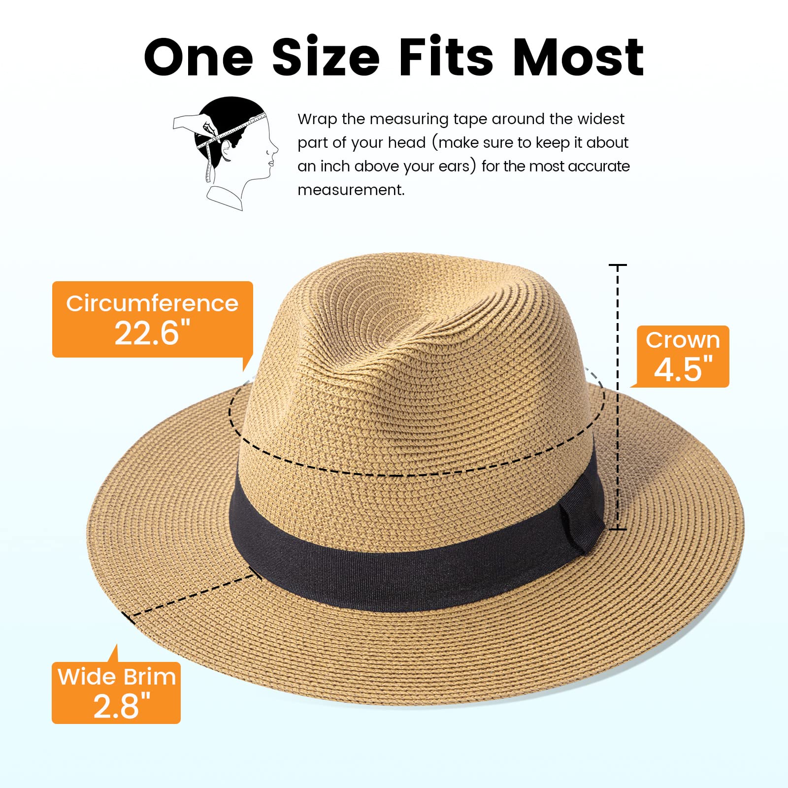 Simplicity Beach Hats for Women Fedora Hats Women Sun Hat Men Straw Hat with Chin Strap Cute Panama Sun Hat,Light Brown/Black Thread Belt