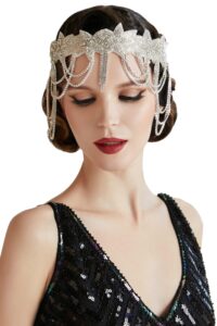 babeyond 1920s flapper headpiece roaring 20s headband great gatsby headband chain for women vintage hair accessory (white)