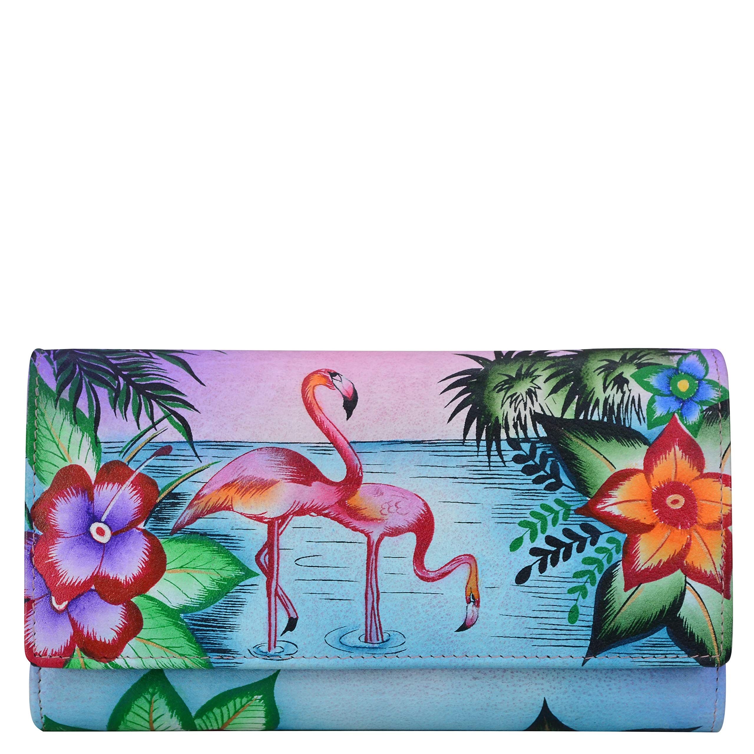 Anna by Anuschka Women’s Hand-Painted Genuine Leather Three Fold Organizer Wallet - Tropical Flamingos