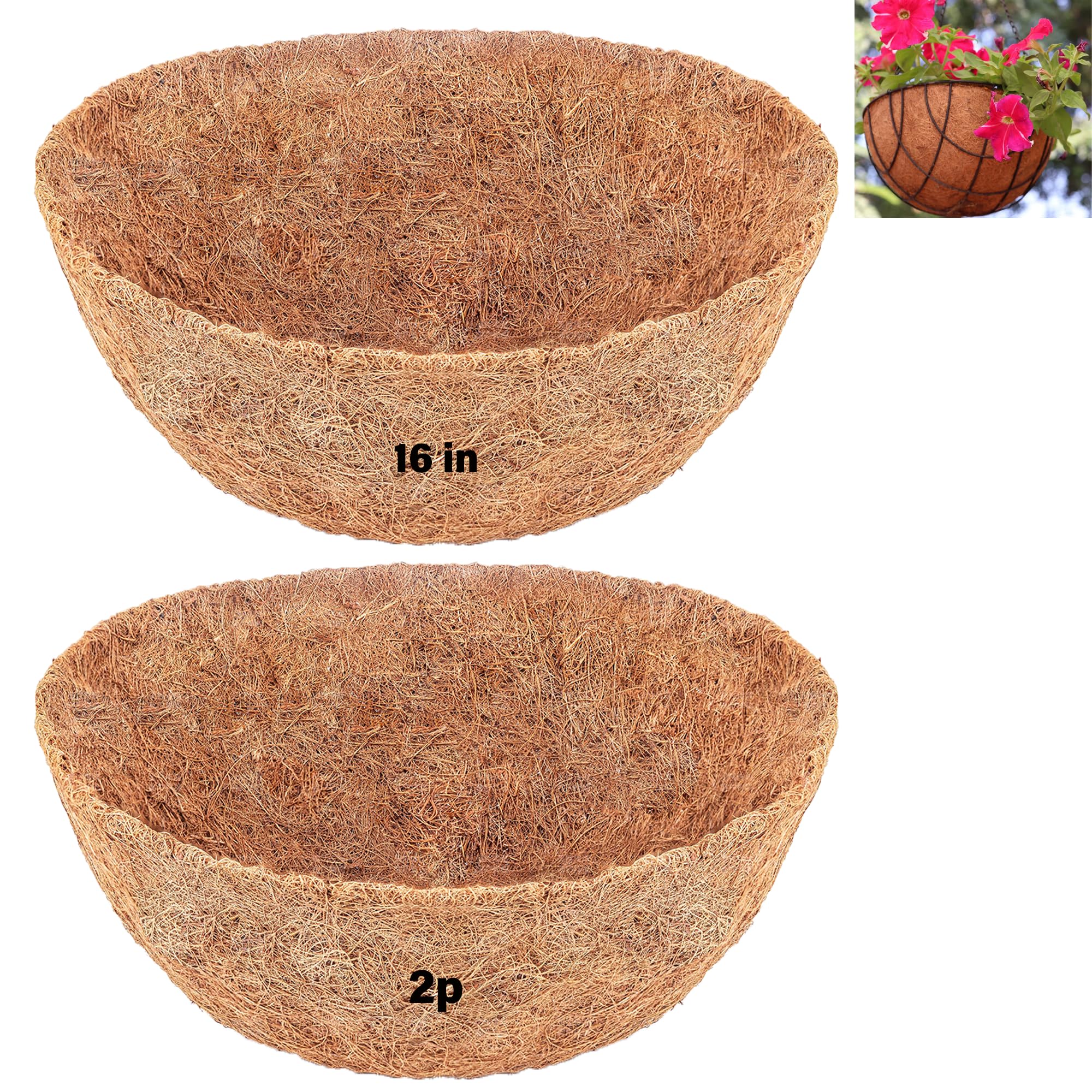 Y&M 2pcs 16“ Round Coconut Fiber Liner, 16'' Coco Liner Pre-Formed Replacement for Wall Hanging Planter Basket