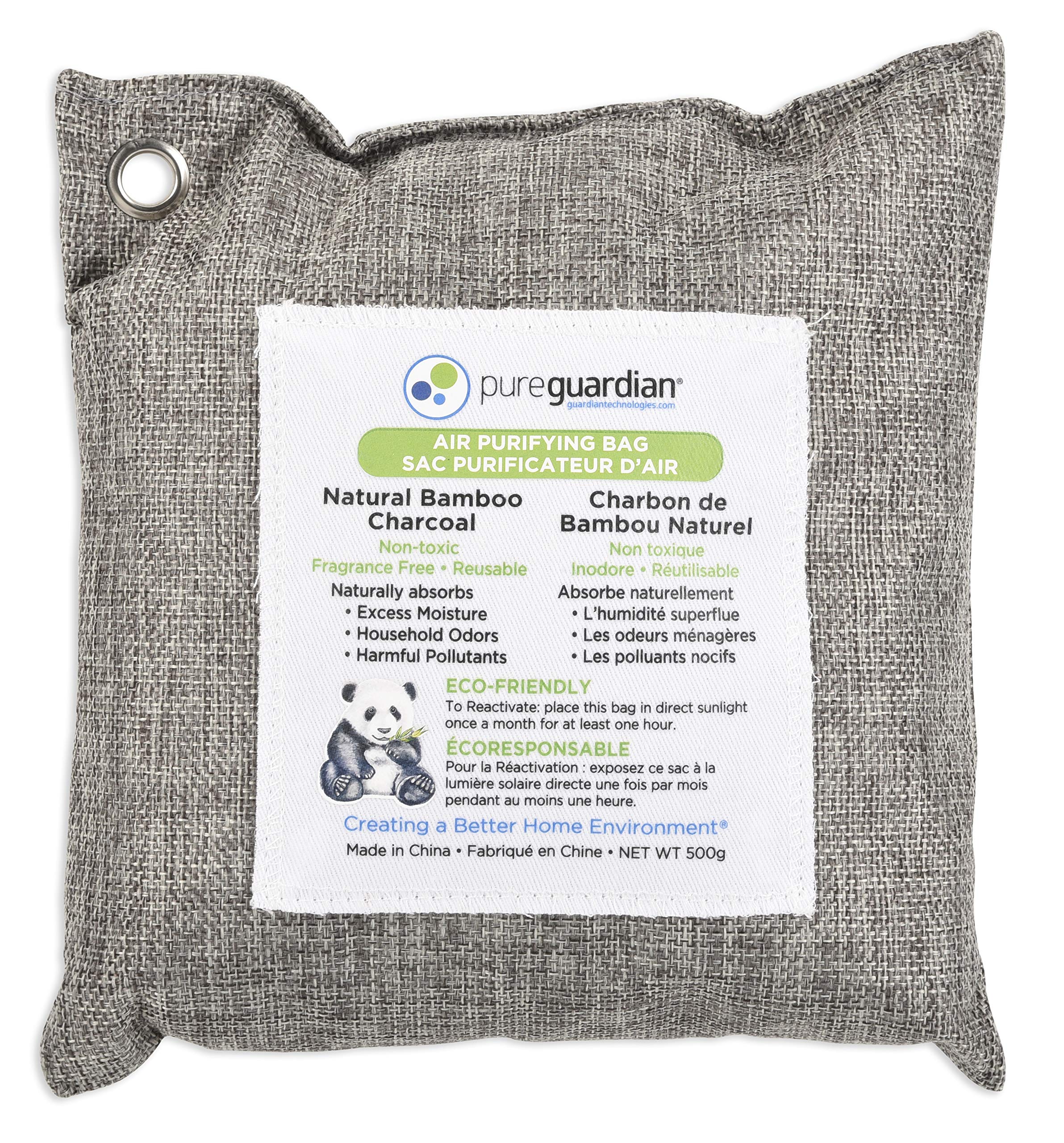 PureGuardian CB500 Bamboo Charcoal Air Purifying Bag, Eco-Friendly, Naturally Absorbs Odors, Excess Moisture and Pollutants, 500g, Gray