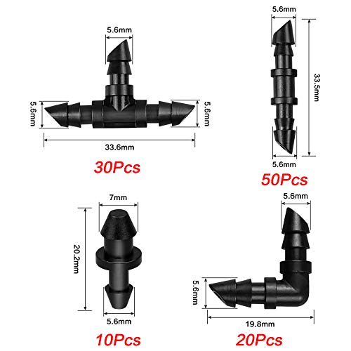 JAYEE Irrigation Fittings Kit for 1/4" Tubing 110 Piece Set - 50 Couplings,30 Tees, 20 Elbows, 10 End Plugs - Barbed Connectors for Drip or Sprinkler Systems