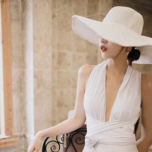 1Pcs Women Wide Brim Straw Hat Foldable Beach Floppy Sun Hat White