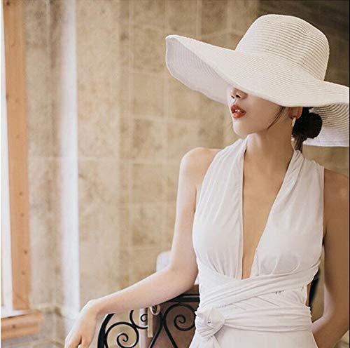 1Pcs Women Wide Brim Straw Hat Foldable Beach Floppy Sun Hat White