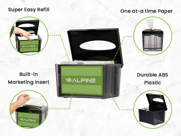 Alpine Tabletop Commercial Napkin Dispenser Restaurant Napkin Holder for Easy Access to Interfold Napkins from Both Sides with an Insert Marketing Space for Restaurants, Cafeterias, Food Trucks, Club