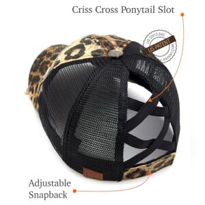 C.C Exclusives Washed Distressed Cotton Denim Criss-Cross Ponytail Hat Baseball Cap Bundle Hair Tie (BT-780)(BT-791) (A Elastic Band-Leopard)