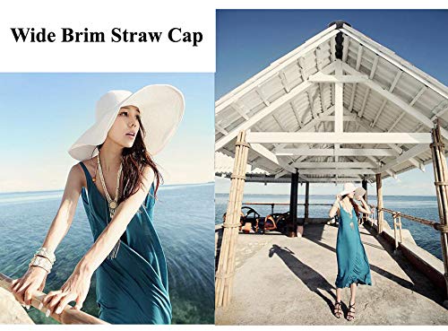 1Pcs Women Wide Brim Straw Hat Foldable Beach Floppy Sun Hat White