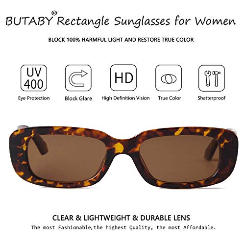 BUTABY Rectangle Sunglasses for Women Retro Driving Glasses 90’s Vintage Fashion Narrow Square Frame UV400 Protection Tortoise