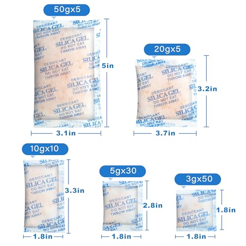 3/5/10/20/50 Gram Silica Gel Packets, 100Packs Total, Rechargeable Desiccant Packets with Orange Color Indicating, Food Safe Silica Gel for Moisture Absorbing