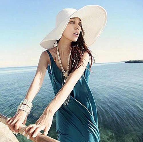 Women Wide Brim Straw Hat Travel Foldable Cap Sun Hat Summer Beach Sun Hat Holiday Swim Garden Straw Hat (White)