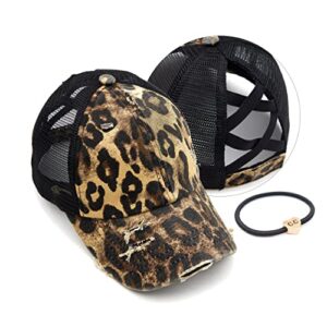 c.c exclusives washed distressed cotton denim criss-cross ponytail hat baseball cap bundle hair tie (bt-780)(bt-791) (a elastic band-leopard)