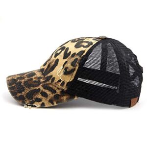 C.C Exclusives Washed Distressed Cotton Denim Criss-Cross Ponytail Hat Baseball Cap Bundle Hair Tie (BT-780)(BT-791) (A Elastic Band-Leopard)