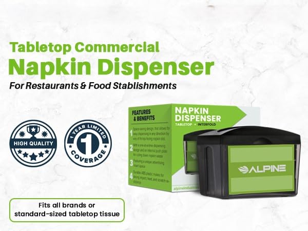 Alpine Tabletop Commercial Napkin Dispenser Restaurant Napkin Holder for Easy Access to Interfold Napkins from Both Sides with an Insert Marketing Space for Restaurants, Cafeterias, Food Trucks, Club