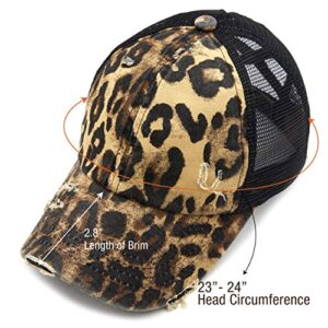 C.C Exclusives Washed Distressed Cotton Denim Criss-Cross Ponytail Hat Baseball Cap Bundle Hair Tie (BT-780)(BT-791) (A Elastic Band-Leopard)