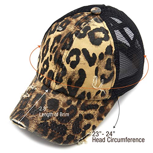 C.C Exclusives Washed Distressed Cotton Denim Criss-Cross Ponytail Hat Baseball Cap Bundle Hair Tie (BT-780)(BT-791) (A Elastic Band-Leopard)