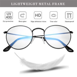 HJSTES Round Blue Light Glasses for Women Men Retro Circle Clear Lens Metal Frame Eyeglasses (Black)