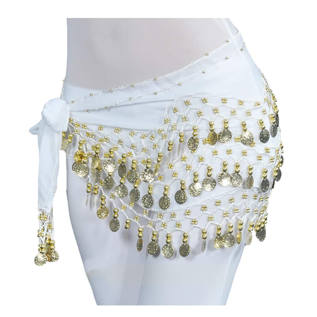 Lauthen.S 128 Coins Belly Dance Hip Scarf Tribal Belt Halloween Genie Costume Accessory White