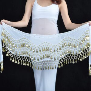 Lauthen.S 128 Coins Belly Dance Hip Scarf Tribal Belt Halloween Genie Costume Accessory White