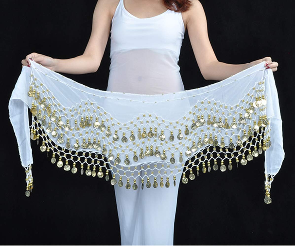 Lauthen.S 128 Coins Belly Dance Hip Scarf Tribal Belt Halloween Genie Costume Accessory White