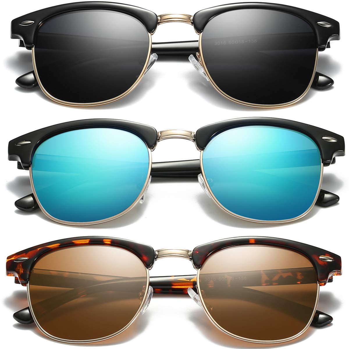 Hilbalm 3 Pack Polarized Sunglasses for women men UV400 Glasses (Black frame-gray lens/Black frame-blue lens/Leopard Frame-Brown Lens)