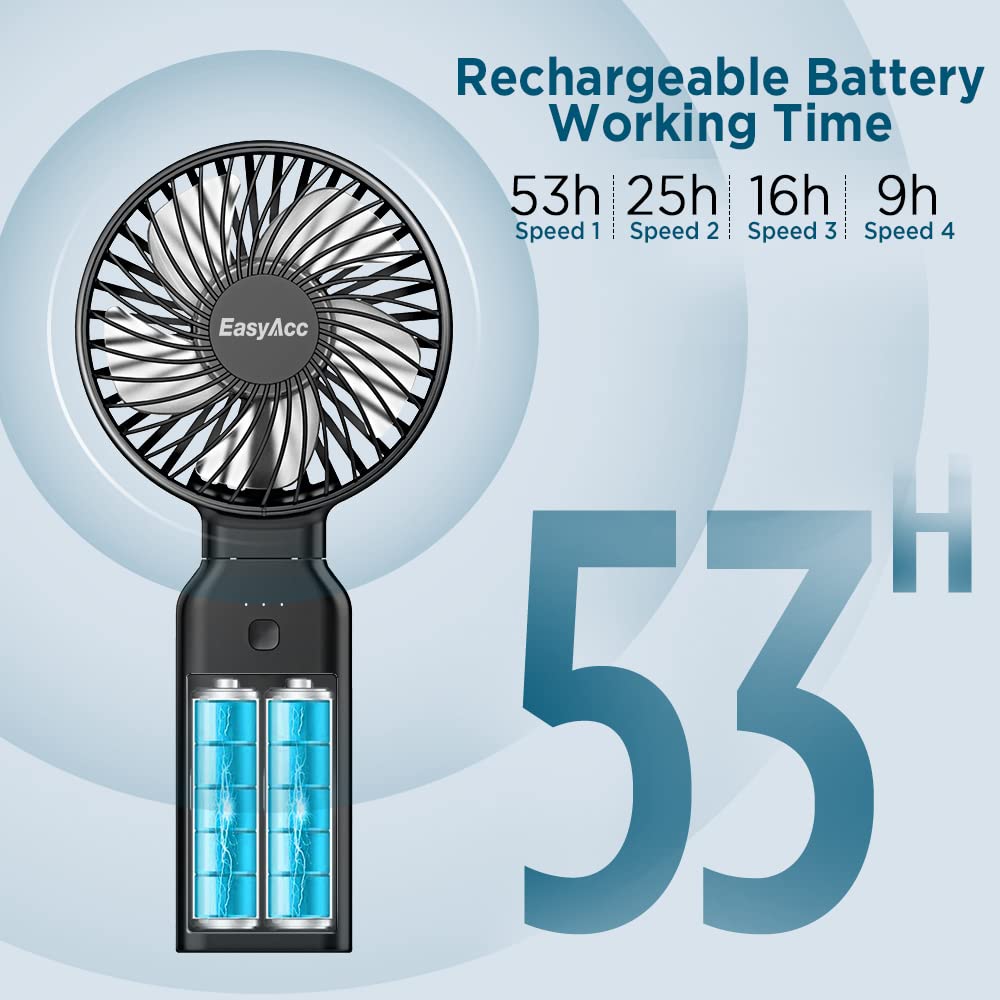 EasyAcc Handheld Fan Portable Fan, 9000 Rechargeable Battery Powered Fan Small Desk Fan, Powerful 4 Speeds 53H Cooling Time Personal Fan with Power Bank, Electric Fan for Travel Outdoor Home Office