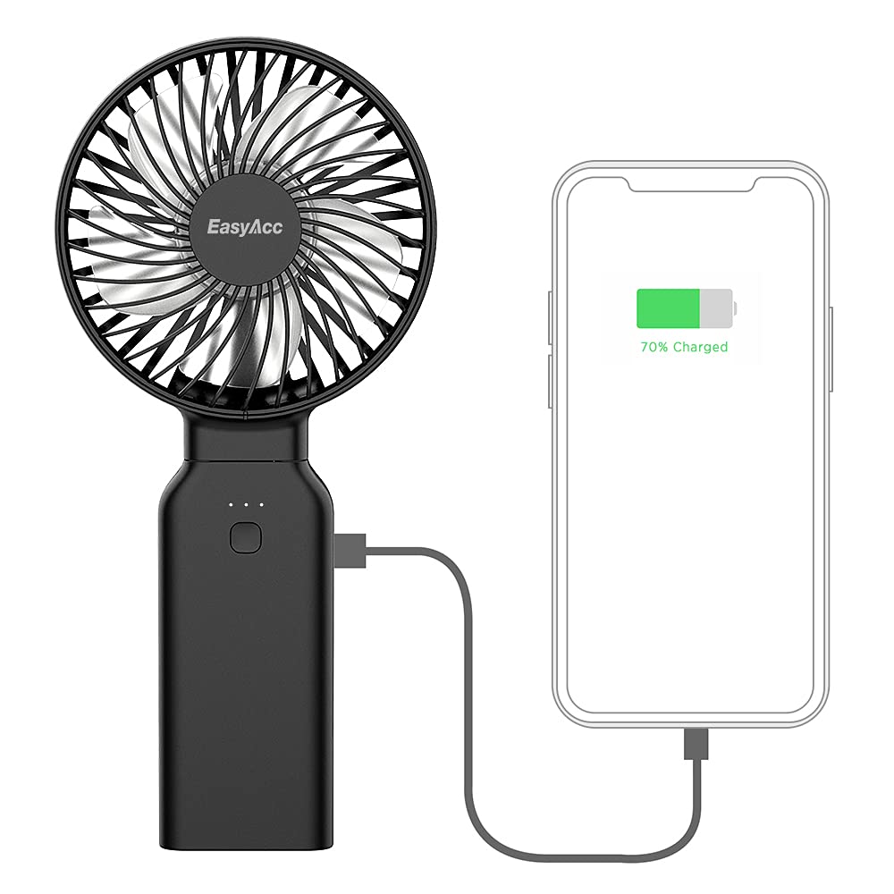 EasyAcc Handheld Fan Portable Fan, 9000 Rechargeable Battery Powered Fan Small Desk Fan, Powerful 4 Speeds 53H Cooling Time Personal Fan with Power Bank, Electric Fan for Travel Outdoor Home Office