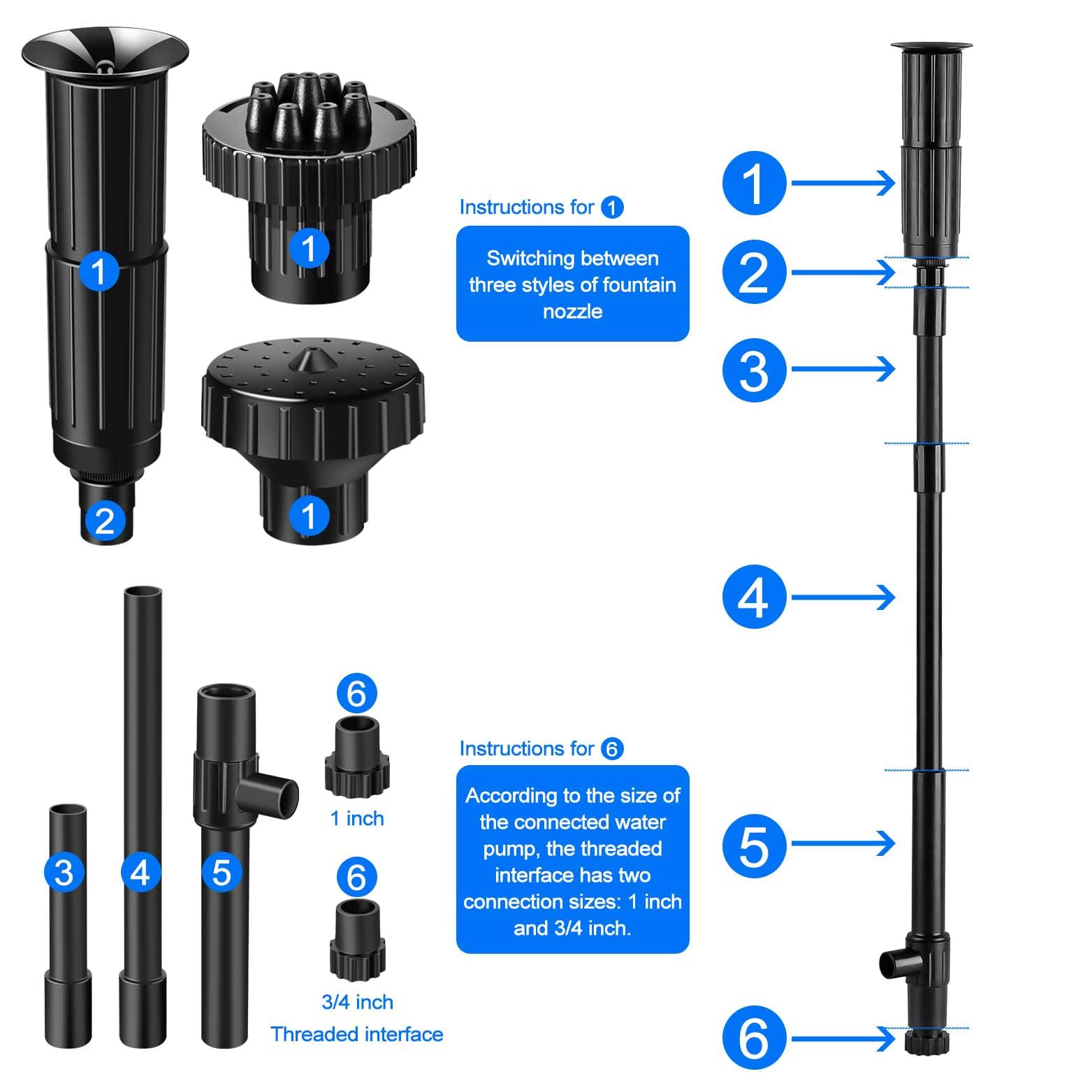 Fountain Pump Nozzle kit, 8PCS Water Fountain Spray Head Set-Mushroom Water Fountain Spray Heads for Pond Fountain Submersible Pump Pool-L Black