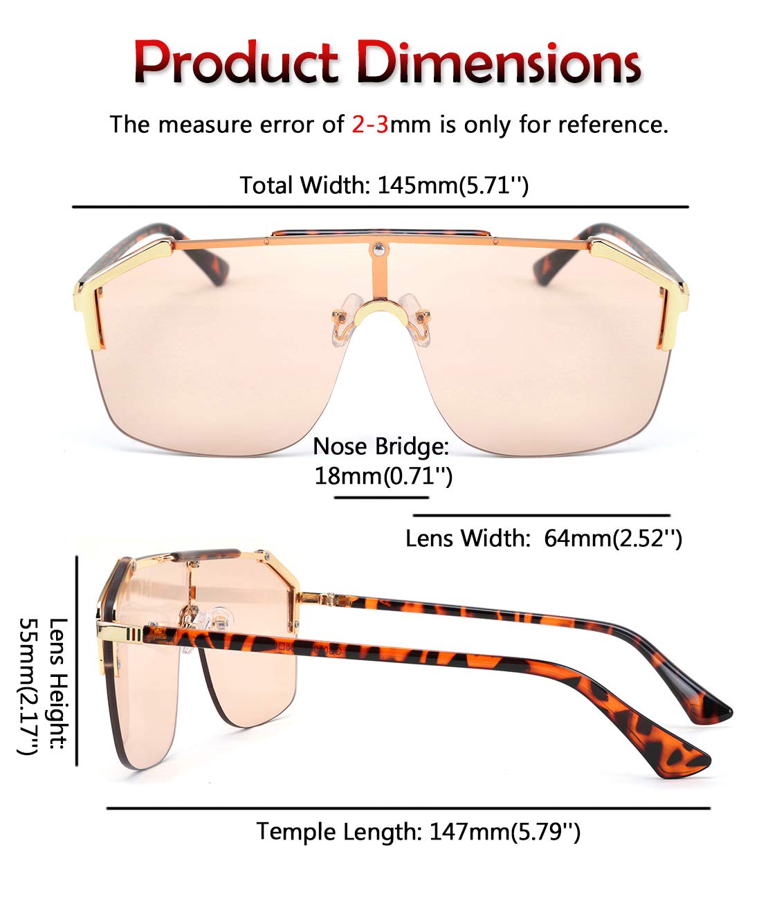 FEISEDY Classic Siamese One Piece Oversized Sunglasses Nice Rimless Stylish Retro Design for Women Men B2634