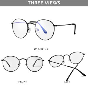 HJSTES Round Blue Light Glasses for Women Men Retro Circle Clear Lens Metal Frame Eyeglasses (Black)