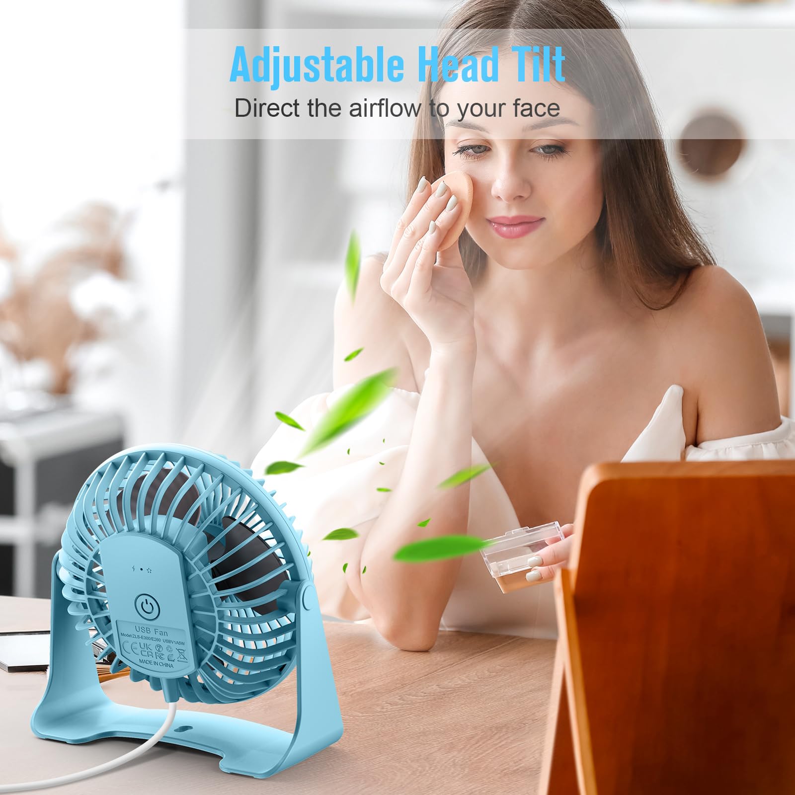 BESKAR USB Small Desk Fan, Portable Fans with 3 Speeds Strong Airflow, Quiet Operation and 360°Rotate, Personal Table Fan for Home,Office, Bedroom- 3.9 ft Cord/Blue